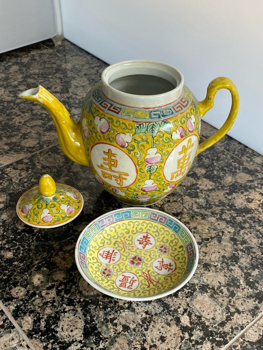 Yellow Porcelain Decorative Teapot with Floral Motif
